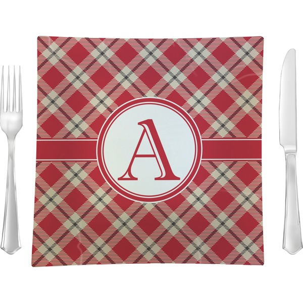Custom Red & Tan Plaid 9.5" Glass Square Lunch / Dinner Plate- Single or Set of 4 (Personalized)