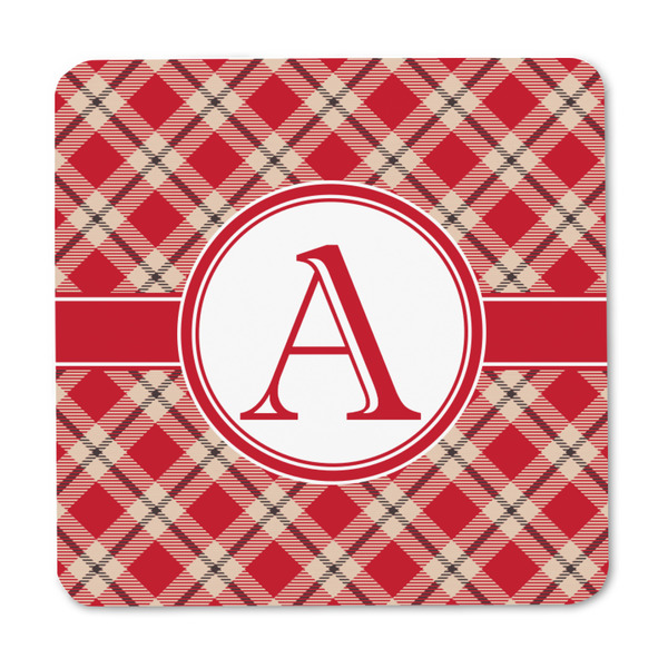 Red & Tan Plaid Square Fridge Magnet - FRONT
