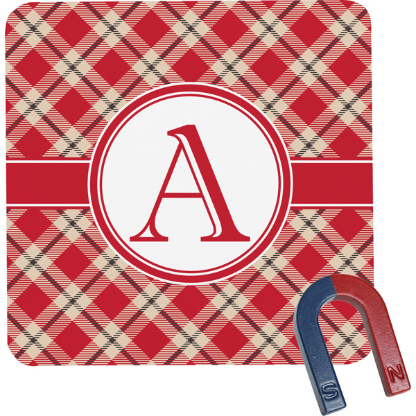 Custom Red & Tan Plaid Square Fridge Magnet (Personalized)