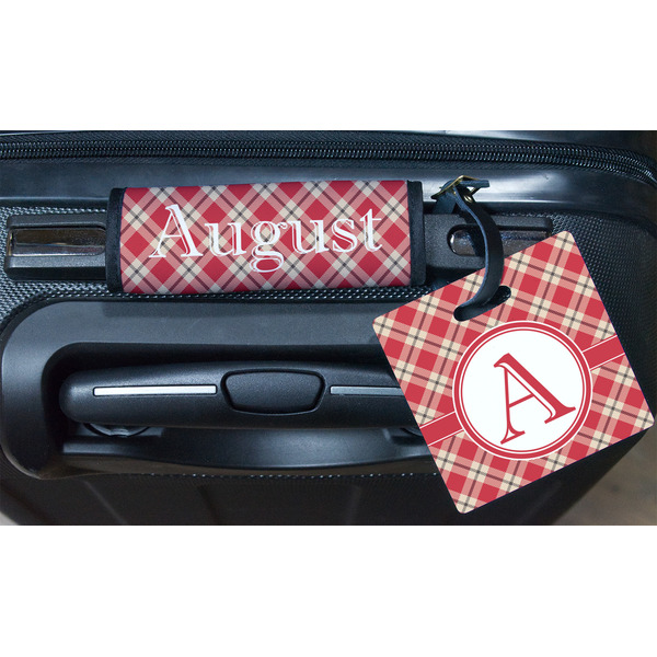 Red & Tan Plaid Square Luggage Tag & Handle Wrap - In Context
