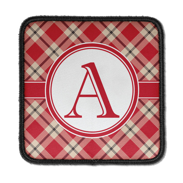 Custom Red & Tan Plaid Iron On Square Patch w/ Initial