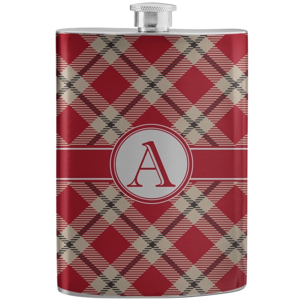Custom Red & Tan Plaid Stainless Steel Flask (Personalized)