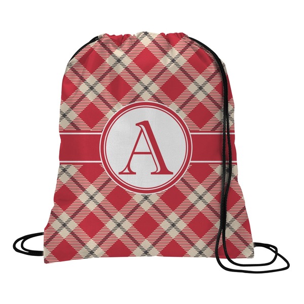 Custom Red & Tan Plaid Drawstring Backpack (Personalized)