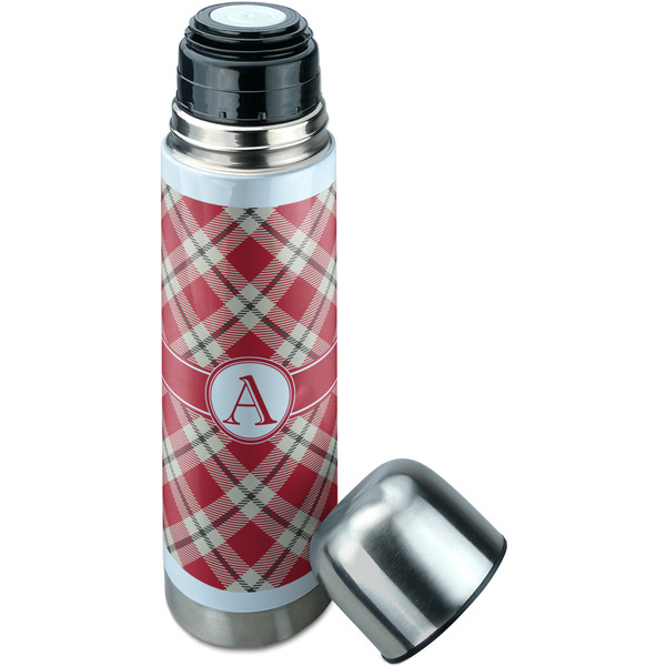 Red & Tan Plaid Thermos - Lid Off