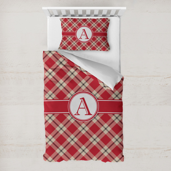Custom Red & Tan Plaid Toddler Bedding Set - With Pillowcase (Personalized)
