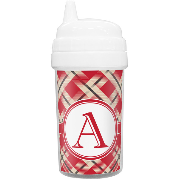 Custom Red & Tan Plaid Toddler Sippy Cup (Personalized)