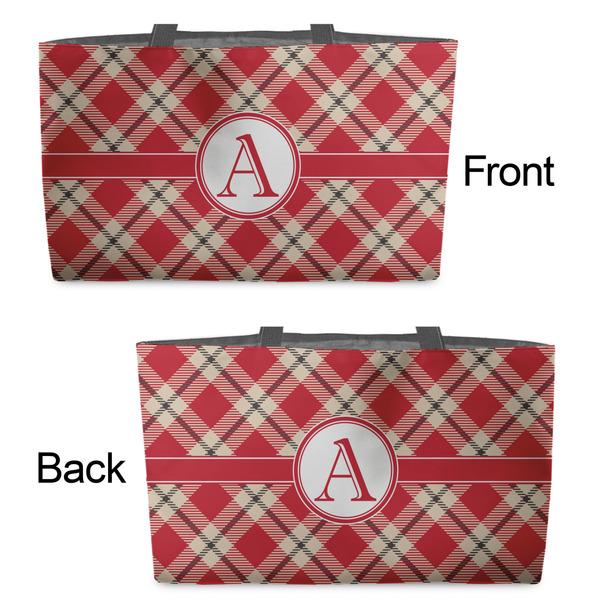 Red & Tan Plaid Tote w/Black Handles - Front & Back Views