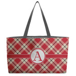 Red & Tan Plaid Beach Totes Bag - w/ Black Handles (Personalized)