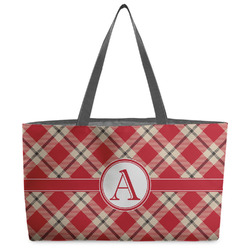 Red & Tan Plaid Beach Totes Bag - w/ Black Handles (Personalized)