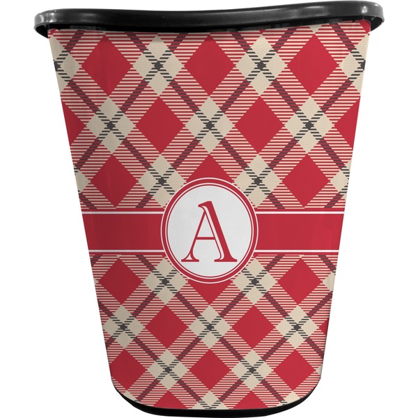 Custom Red & Tan Plaid Waste Basket - Double Sided (Black) (Personalized)