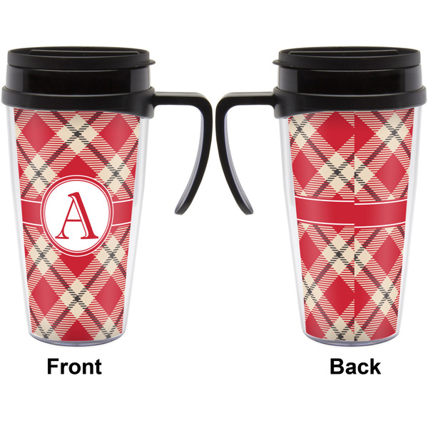Red & Tan Plaid Travel Mug with Black Handle - Approval