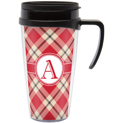 Red & Tan Plaid Acrylic Travel Mug with Handle (Personalized)