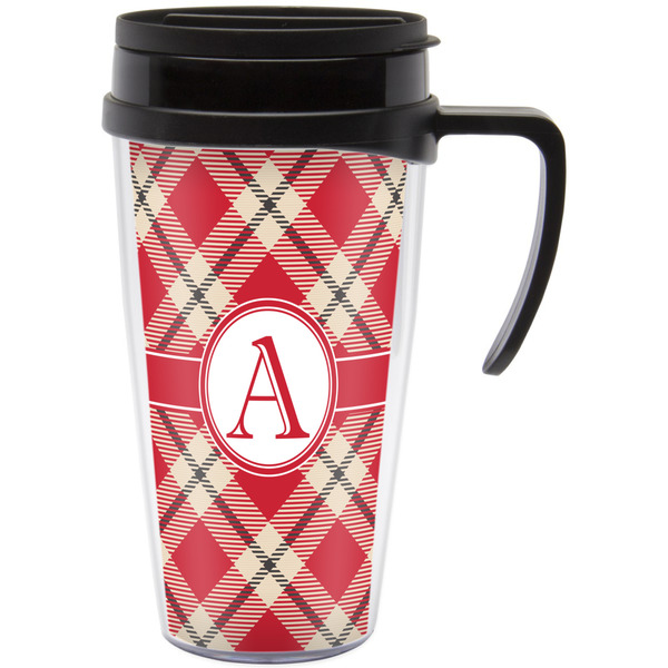 Custom Red & Tan Plaid Acrylic Travel Mug with Handle (Personalized)