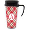 Red & Tan Plaid Travel Mug with Black Handle - Front