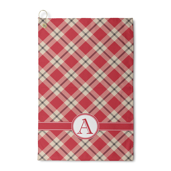 Custom Red & Tan Plaid Waffle Weave Golf Towel (Personalized)
