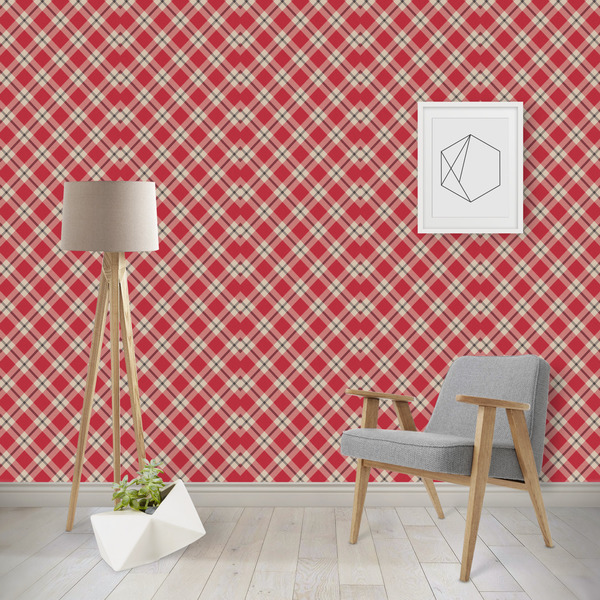Custom Red & Tan Plaid Wallpaper & Surface Covering (Water Activated - Removable)
