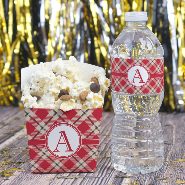 Red & Tan Plaid Water Bottle Label - w/ Favor Box