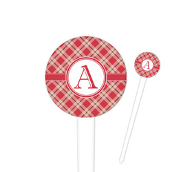 Red & Tan Plaid 4" Round Plastic Food Picks - White - Single Sided (Personalized)