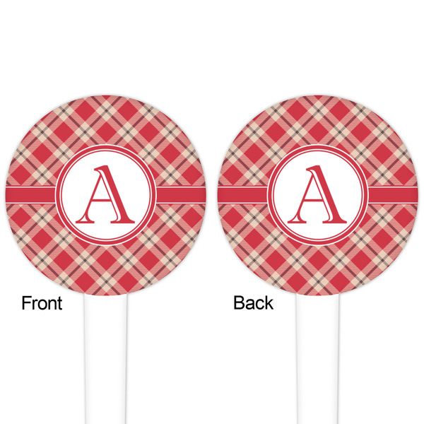 Red & Tan Plaid White Plastic 4" Food Pick - Round - Double Sided - Front & Back