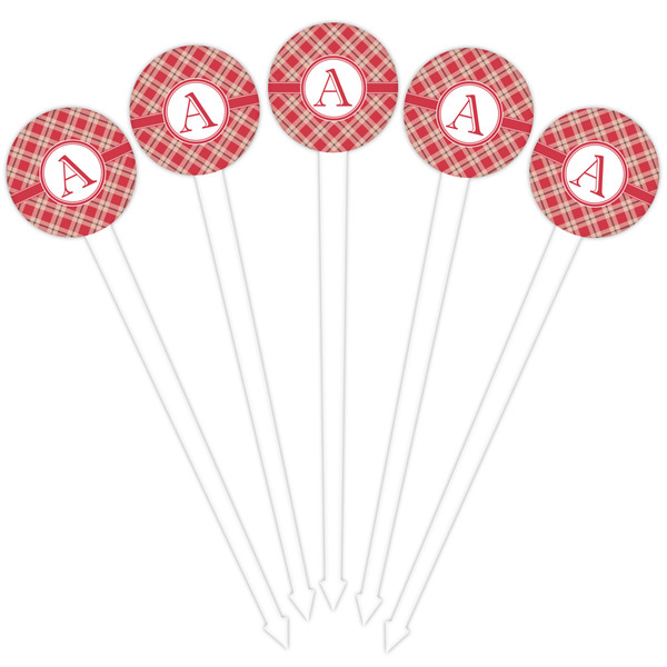 Red & Tan Plaid White Plastic 4" Food Pick - Round - Fan View