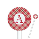 Red & Tan Plaid 5.5" Round Plastic Stir Sticks - White - Double Sided (Personalized)