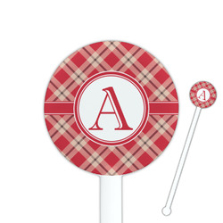 Red & Tan Plaid 5.5" Round Plastic Stir Sticks - White - Single Sided (Personalized)