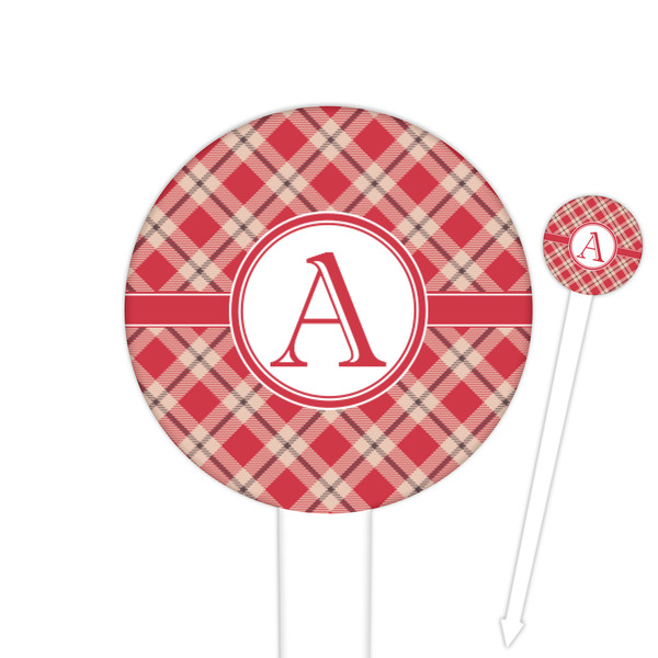 Custom Red & Tan Plaid Round Plastic Food Picks (Personalized)