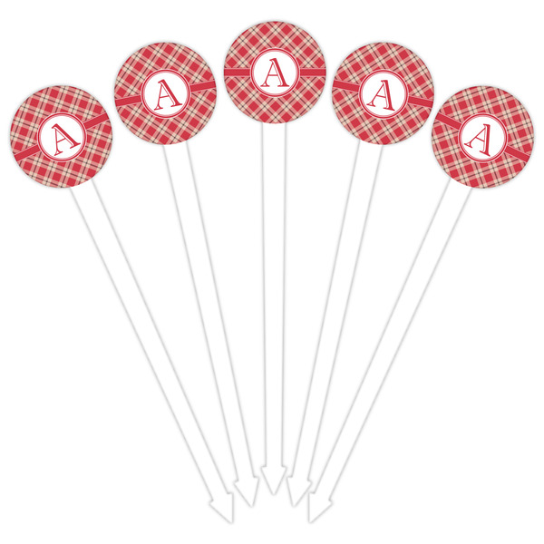 Red & Tan Plaid White Plastic 6" Food Pick - Round - Fan View