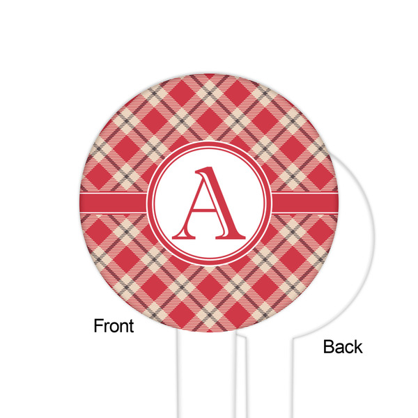 Red & Tan Plaid White Plastic 6" Food Pick - Round - Single Sided - Front & Back