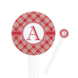 Red & Tan Plaid 7" Round Plastic Stir Sticks - White - Double Sided (Personalized)