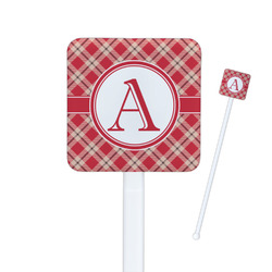 Red & Tan Plaid Square Plastic Stir Sticks - Double Sided (Personalized)