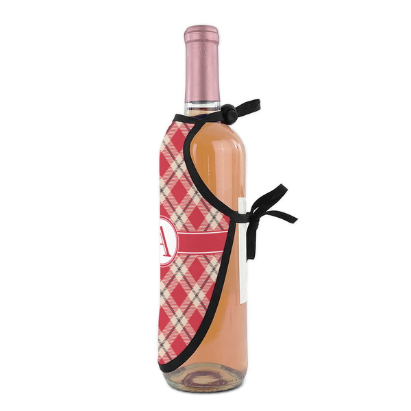 Red & Tan Plaid Wine Bottle Apron - DETAIL WITH CLIP ON NECK