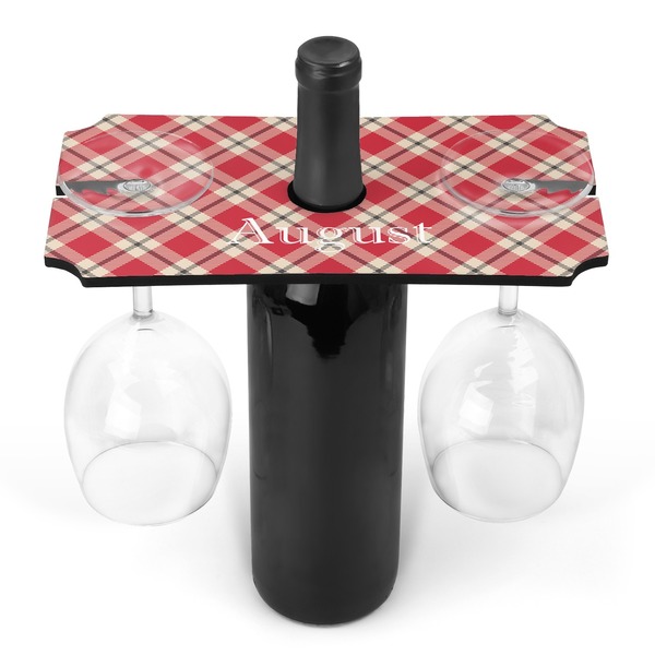 Custom Red & Tan Plaid Wine Bottle & Glass Holder (Personalized)