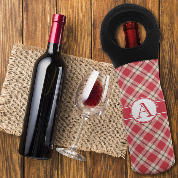 Red & Tan Plaid Wine Tote Bag - FLATLAY