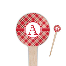 Red & Tan Plaid 4" Round Wooden Food Picks - Single Sided (Personalized)