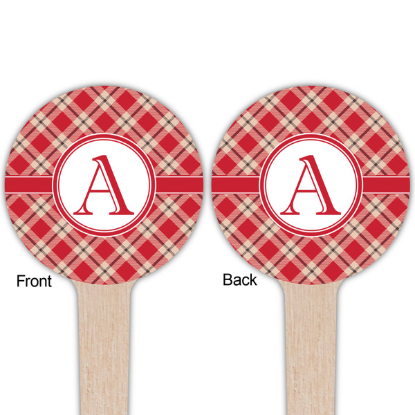 Red & Tan Plaid Wooden 4" Food Pick - Round - Double Sided - Front & Back
