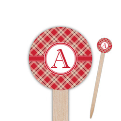 Red & Tan Plaid Round Wooden Food Picks (Personalized)