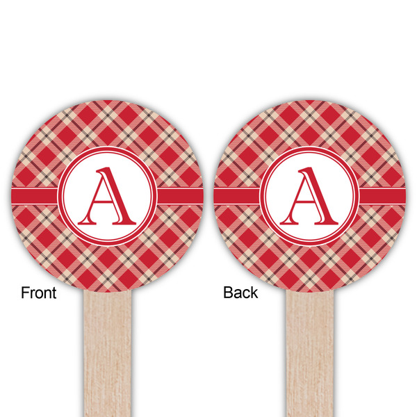 Red & Tan Plaid Wooden 6" Food Pick - Round - Double Sided - Front & Back