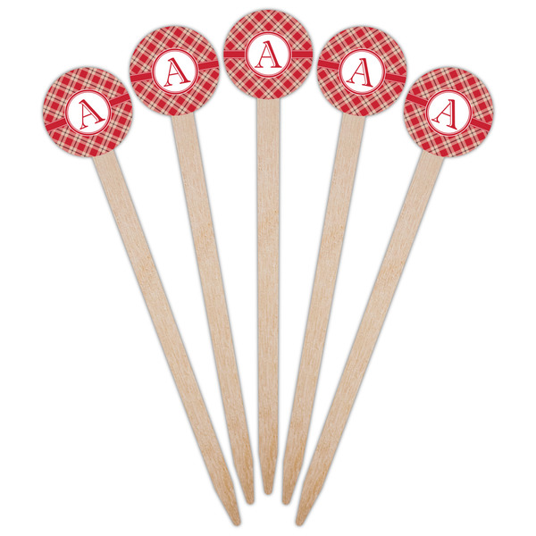 Red & Tan Plaid Wooden 6" Food Pick - Round - Fan View