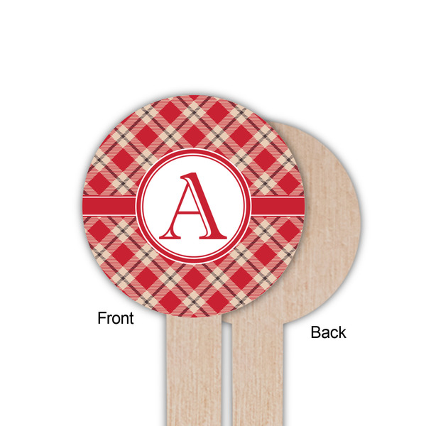 Red & Tan Plaid Wooden 6" Food Pick - Round - Single Sided - Front & Back