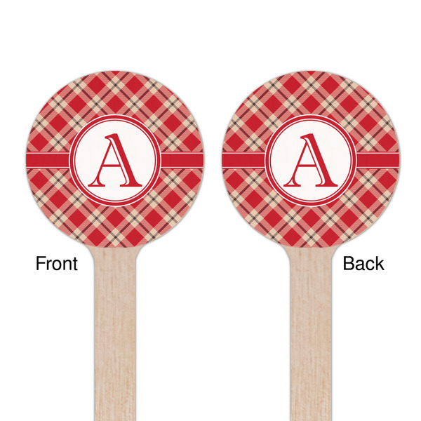 Red & Tan Plaid Wooden 7.5" Stir Stick - Round - Double Sided - Front & Back