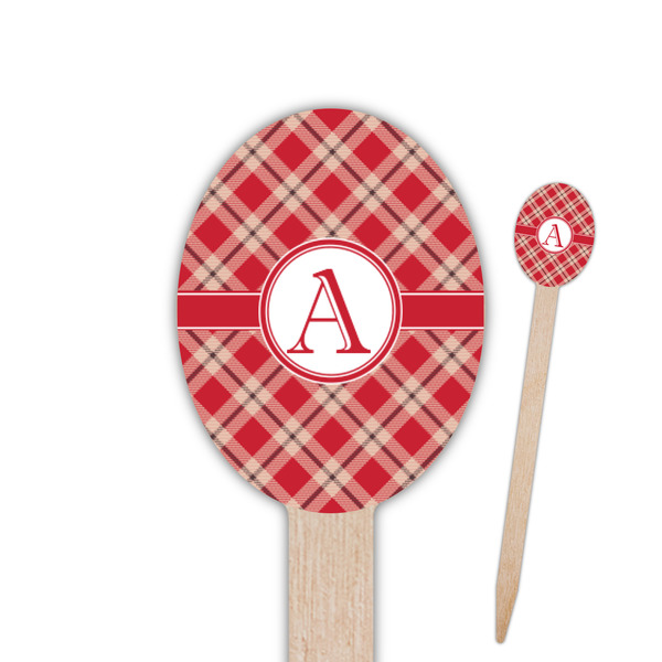 Custom Red & Tan Plaid Oval Wooden Food Picks (Personalized)