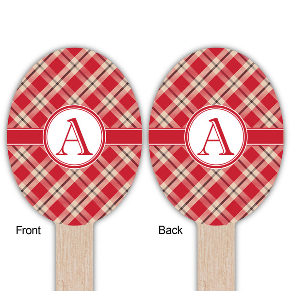 Red & Tan Plaid Wooden Food Pick - Oval - Double Sided - Front & Back