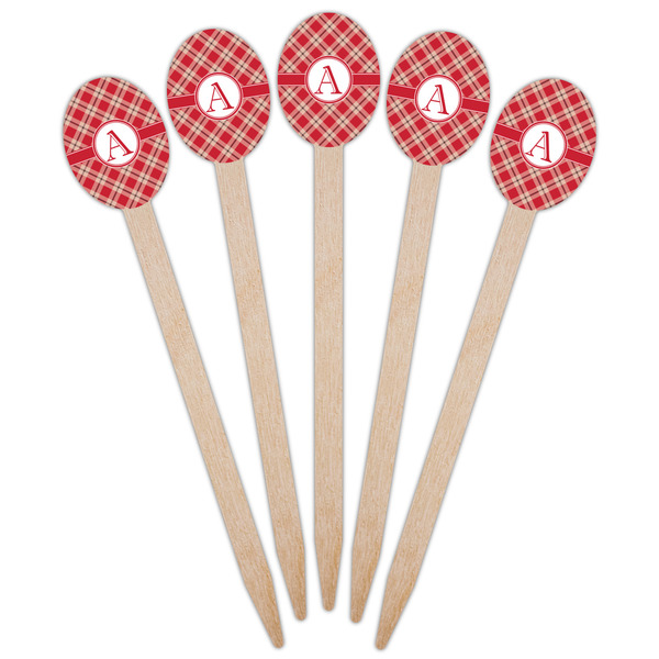 Red & Tan Plaid Wooden Food Pick - Oval - Fan View