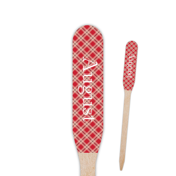 Custom Red & Tan Plaid Paddle Wooden Food Picks - Double Sided (Personalized)