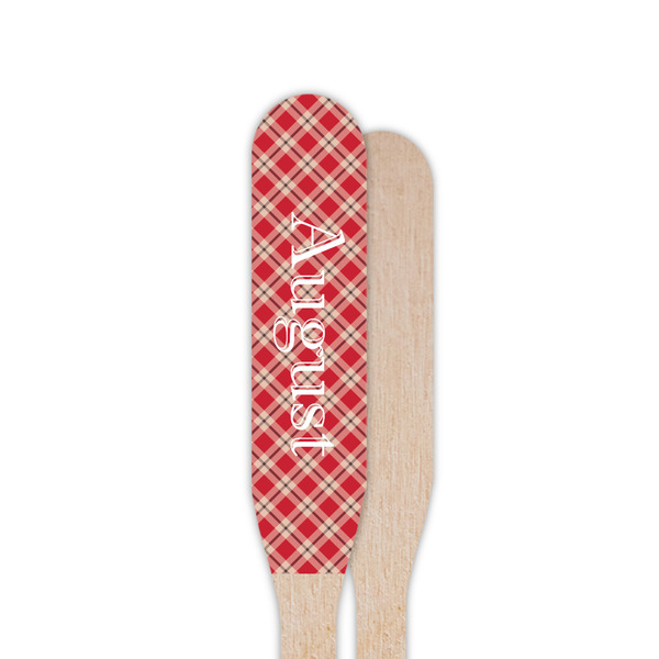 Red & Tan Plaid Wooden Food Pick - Paddle - Single Sided - Front & Back