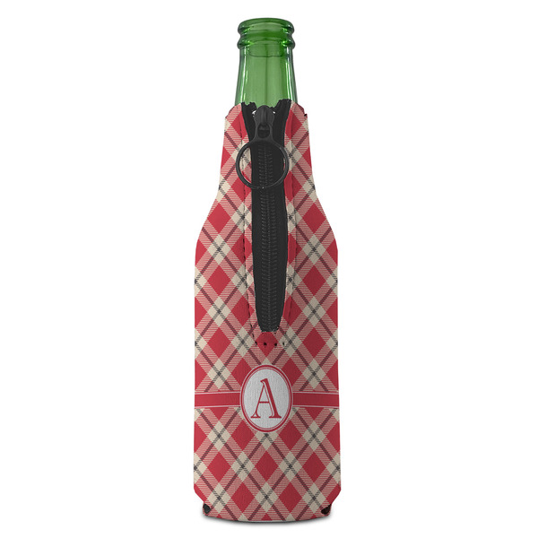 Red & Tan Plaid Zipper Bottle Cooler - BACK (bottle)