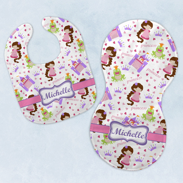 Custom Princess Print Baby Bib & Burp Set w/ Name or Text