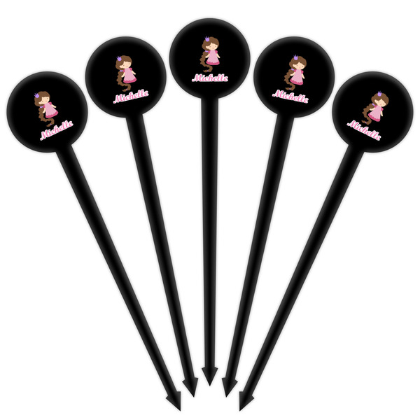 Princess Print Black Plastic 4" Food Pick - Round - Fan View
