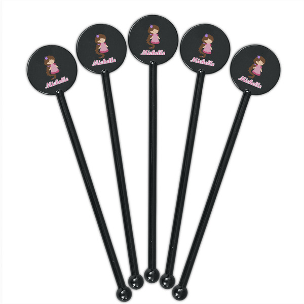 Princess Print Black Plastic 5.5" Stir Stick - Round - Fan View